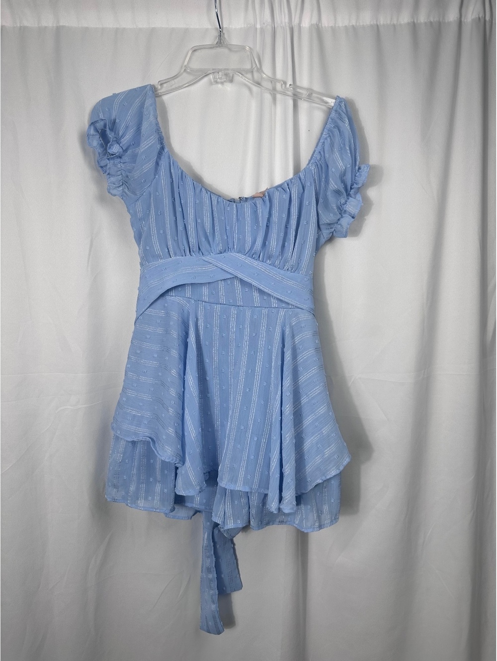 Blue Puff Sleeve Romper with Tie Waist Size Medium